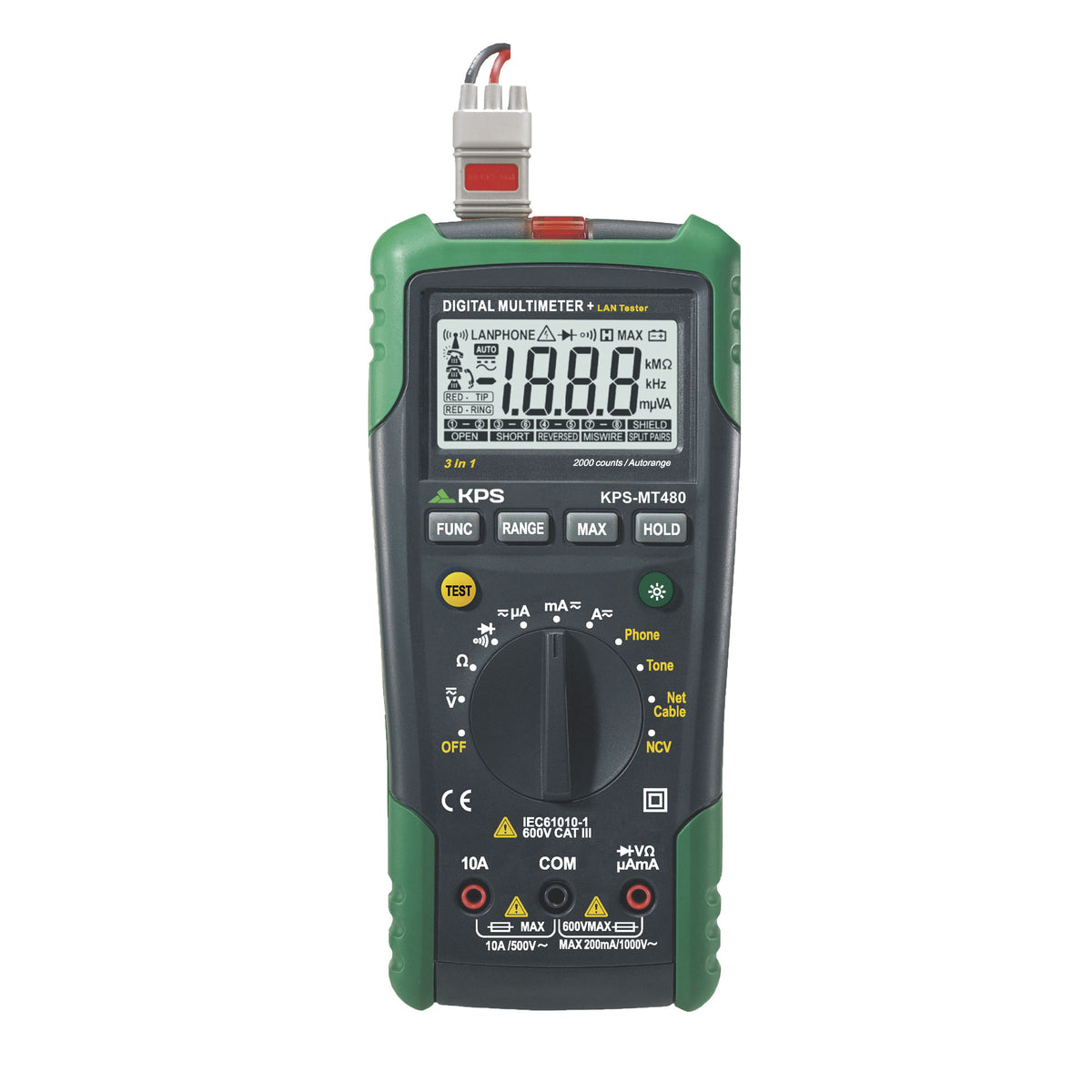 Multímetro digital KPs MT480 con probador Lan para voltaje CA/CC y corriente CA/CC