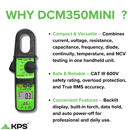 KPS DCM350MINI Clamp Meter – 600A AC with Backlit LCD, Data Hold & NCV