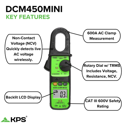 KPS DCM450MINI TRMS Clamp Meter – 600A AC with NCV, 6000-Count Display & Backlight