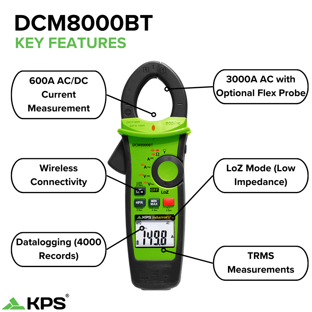 KPS DCM8000BT Pinza amperimétrica industrial de verdadero valor eficaz CA/CC