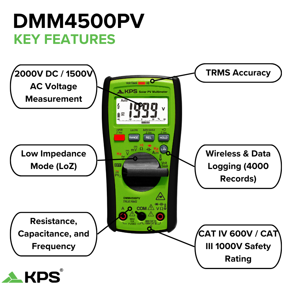 Multimètre numérique KPS DMM4500PV TRMS pour applications solaires avec KPS Link