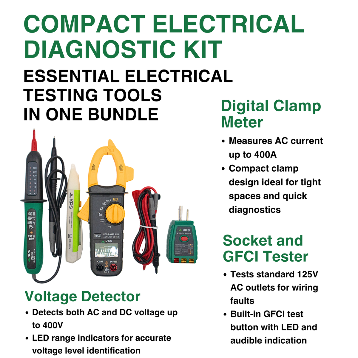 KPS Compact Electrical Testing Kit – Clamp Meter, Voltage Detectors, and Socket Tester